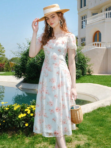 Flower Printed Puff Sleeve Dress