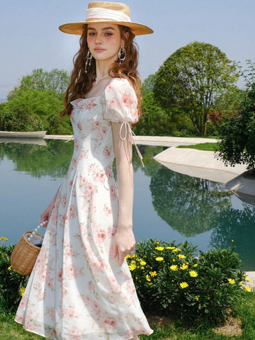 Flower Printed Puff Sleeve Dress