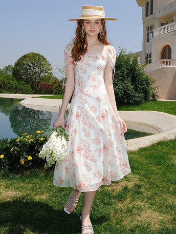 Flower Printed Puff Sleeve Dress