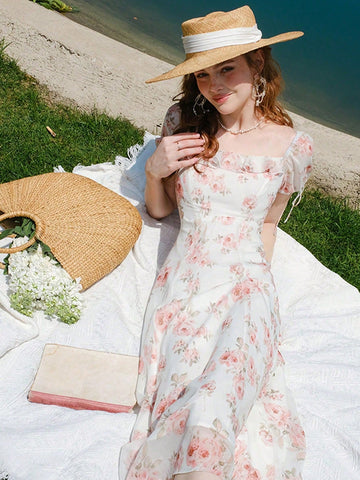 Flower Printed Puff Sleeve Dress