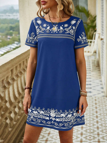 Flower Printed Round Neck Short Sleeve Dress