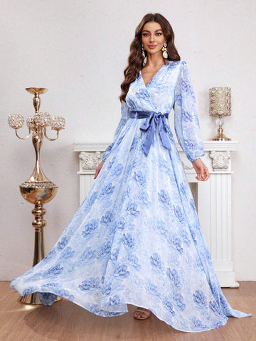 Flower Printed Wrap Belted Dress