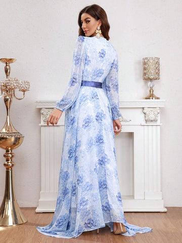 Flower Printed Wrap Belted Dress