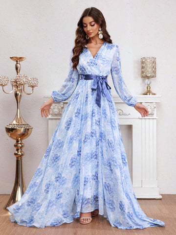 Flower Printed Wrap Belted Dress