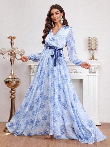 Flower Printed Wrap Belted Dress
