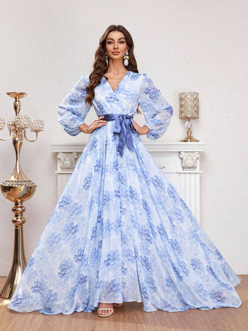 Flower Printed Wrap Belted Dress