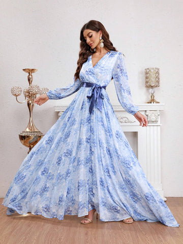 Flower Printed Wrap Belted Dress