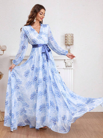 Flower Printed Wrap Belted Dress