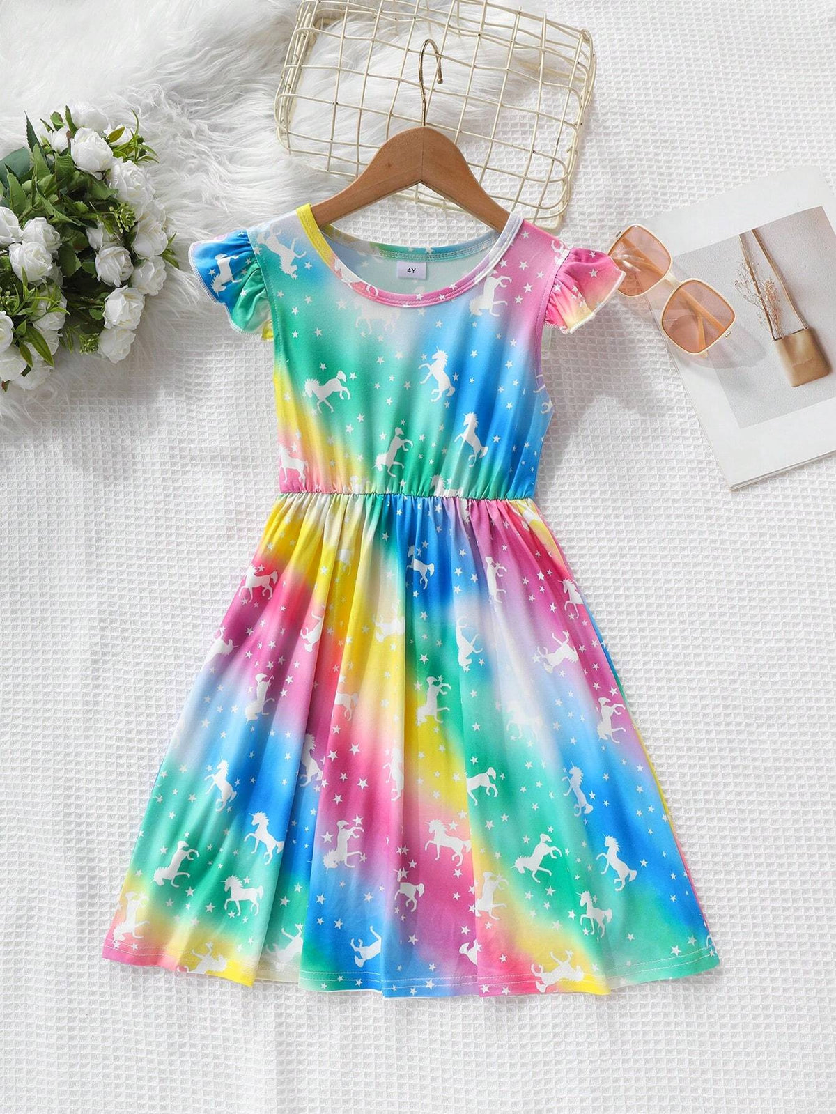 Foreign Trade Ins Summer Girls' Floral Print Multicolor Fluorescent Sleeveless Lace Open Back Pleated Dress