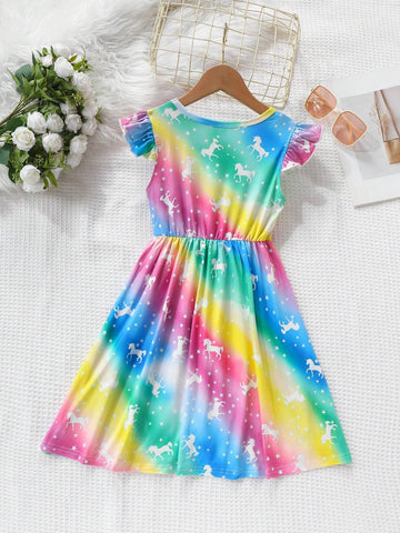 Foreign Trade Ins Summer Girls' Floral Print Multicolor Fluorescent Sleeveless Lace Open Back Pleated Dress