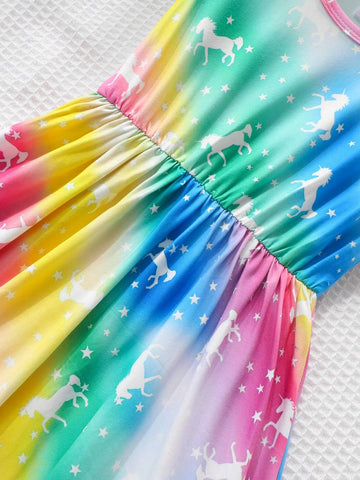 Foreign Trade Ins Summer Girls' Floral Print Multicolor Fluorescent Sleeveless Lace Open Back Pleated Dress