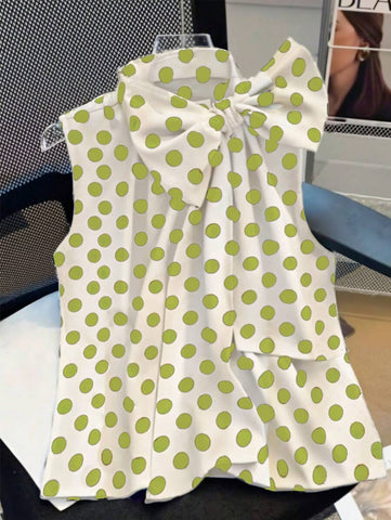 Franclia Chic H-Silhouette French Bowknot Tied Polka Dot Loose Sleeveless Stand Collar Women's Blouse