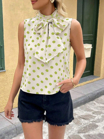 Franclia Chic H-Silhouette French Bowknot Tied Polka Dot Loose Sleeveless Stand Collar Women's Blouse
