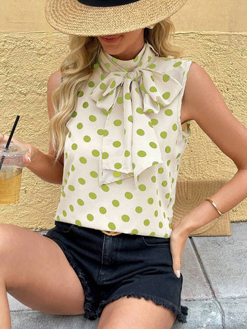 Franclia Chic H-Silhouette French Bowknot Tied Polka Dot Loose Sleeveless Stand Collar Women's Blouse