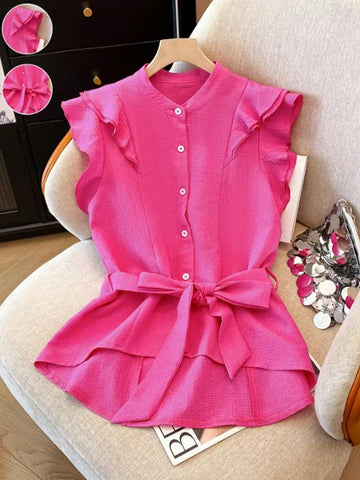 Franclia Elegant Casual Plain Collar Double-Layer Ruffle Hem Tie Front Women Blouse