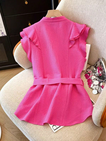Elegant Casual Plain Collar Double-Layer Ruffle Hem Tie Front Women Blouse