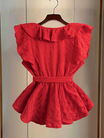 Elegant French Style V-Neck Sleeveless Waist Shaping Red Shirt Blouse For Women,