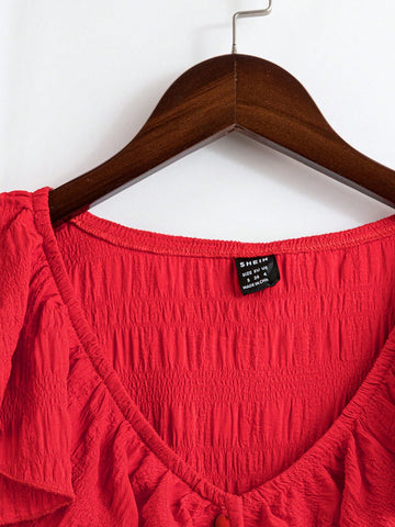 Elegant French Style V-Neck Sleeveless Waist Shaping Red Shirt Blouse For Women,