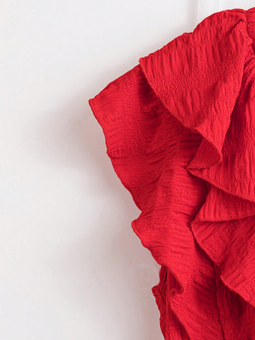 Elegant French Style V-Neck Sleeveless Waist Shaping Red Shirt Blouse For Women,