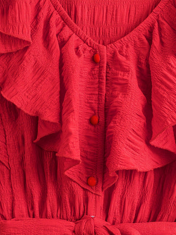 Elegant French Style V-Neck Sleeveless Waist Shaping Red Shirt Blouse For Women,