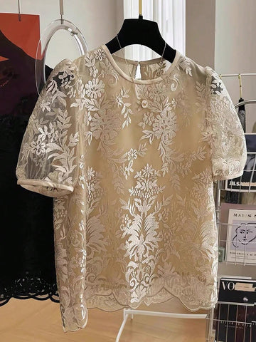 Franclia Sheer Short Sleeve Mesh Lace Casual Blouse