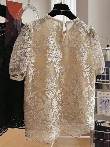 Franclia Sheer Short Sleeve Mesh Lace Casual Blouse