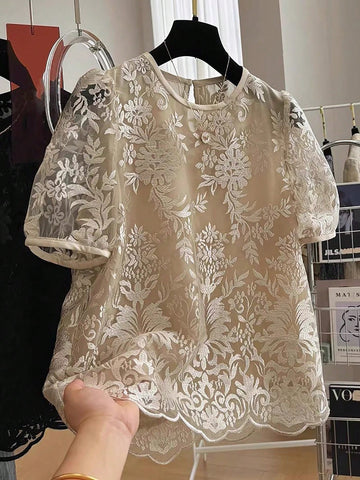 Franclia Sheer Short Sleeve Mesh Lace Casual Blouse