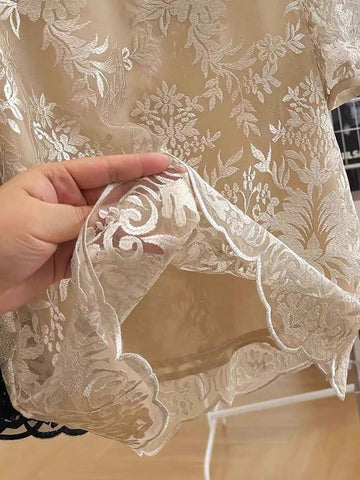 Franclia Sheer Short Sleeve Mesh Lace Casual Blouse