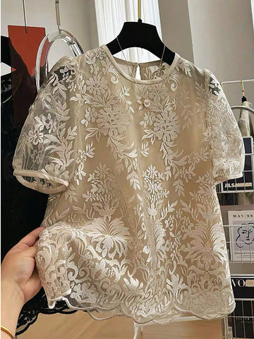 Franclia Sheer Short Sleeve Mesh Lace Casual Blouse