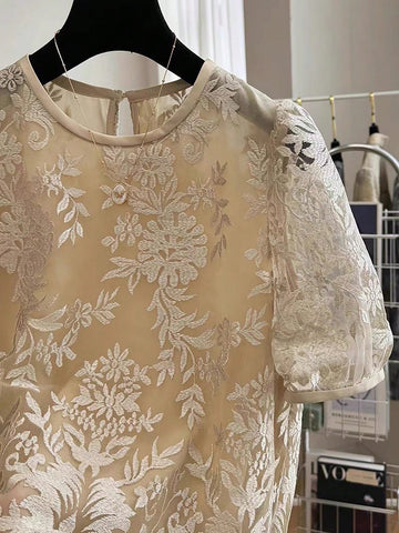 Franclia Sheer Short Sleeve Mesh Lace Casual Blouse