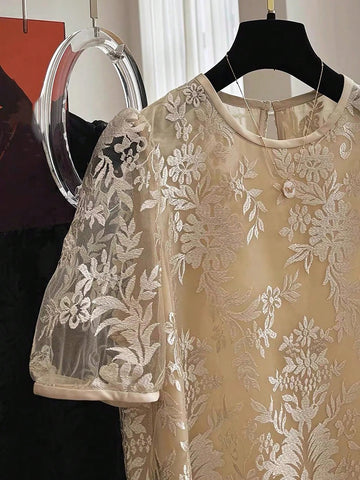 Franclia Sheer Short Sleeve Mesh Lace Casual Blouse