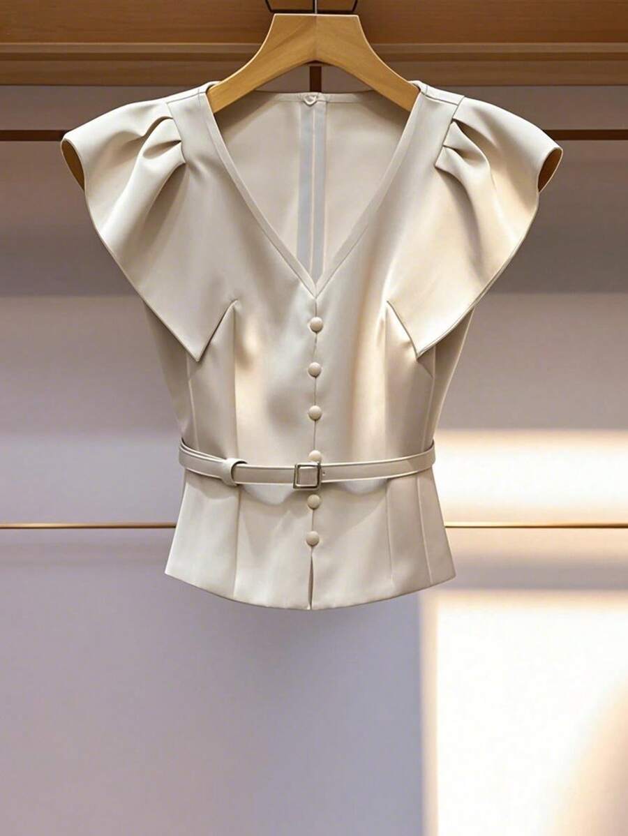 Franclia Snap Button V-Neck Fitted Sleeve Elegant Women Shirt