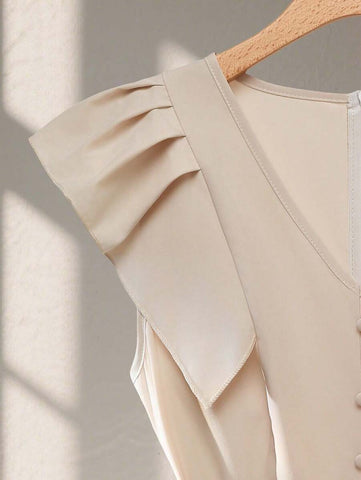 Franclia Snap Button V-Neck Fitted Sleeve Elegant Women Shirt