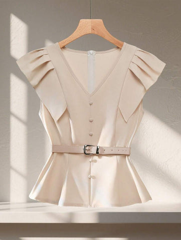 Franclia Snap Button V-Neck Fitted Sleeve Elegant Women Shirt