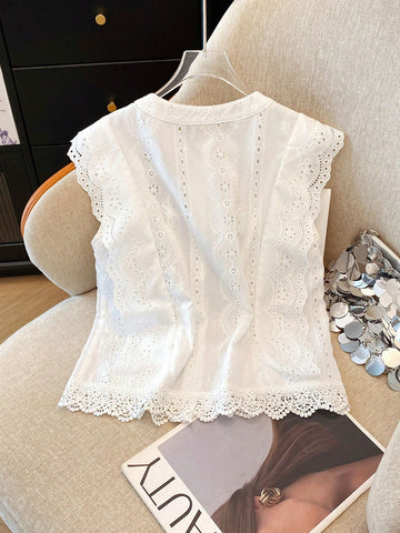 Franclia Solid Color Embroidered Lace Trim Short Casual Office Blouse For Women