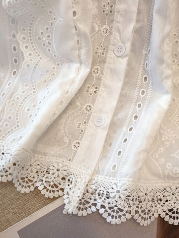 Franclia Solid Color Embroidered Lace Trim Short Casual Office Blouse For Women