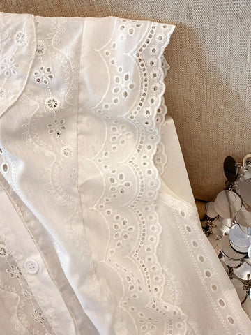 Franclia Solid Color Embroidered Lace Trim Short Casual Office Blouse For Women