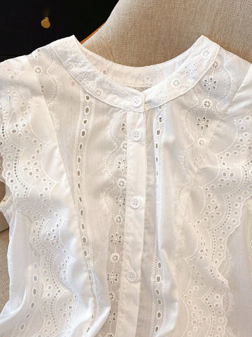 Franclia Solid Color Embroidered Lace Trim Short Casual Office Blouse For Women