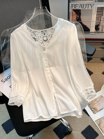 Women's French Casual Elegant Versatile Solid Color V-Neck Splice Lace Cuff Brim Detail Blouse
