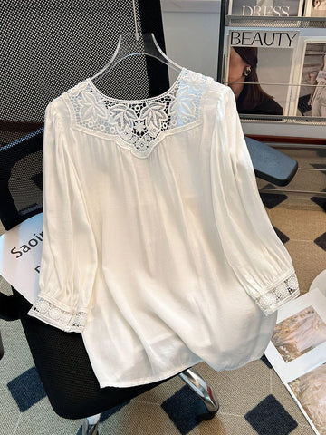 Women's French Casual Elegant Versatile Solid Color V-Neck Splice Lace Cuff Brim Detail Blouse