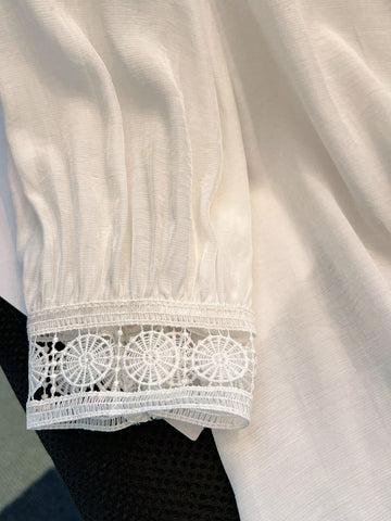 Women's French Casual Elegant Versatile Solid Color V-Neck Splice Lace Cuff Brim Detail Blouse