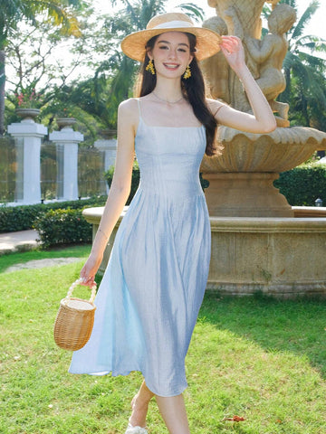 French-Style A-Line Spaghetti Strap Dress With Waistband And Backless Design, Spring 2023 Collection, Sexy And Elegant Long Dress