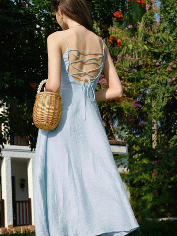 French-Style A-Line Spaghetti Strap Dress With Waistband And Backless Design, Spring 2023 Collection, Sexy And Elegant Long Dress