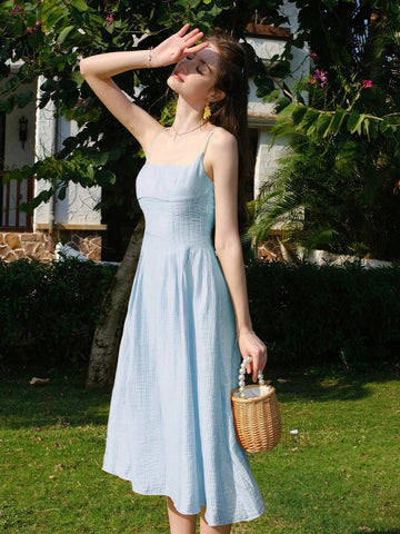French-Style A-Line Spaghetti Strap Dress With Waistband And Backless Design, Spring 2023 Collection, Sexy And Elegant Long Dress