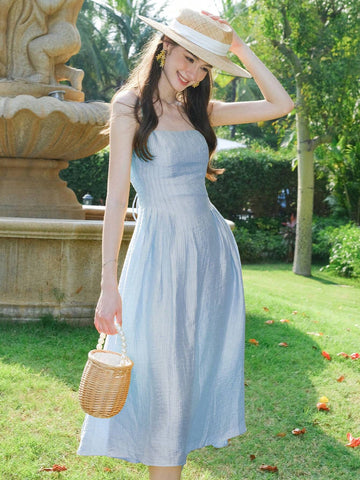 French-Style A-Line Spaghetti Strap Dress With Waistband And Backless Design, Spring 2023 Collection, Sexy And Elegant Long Dress