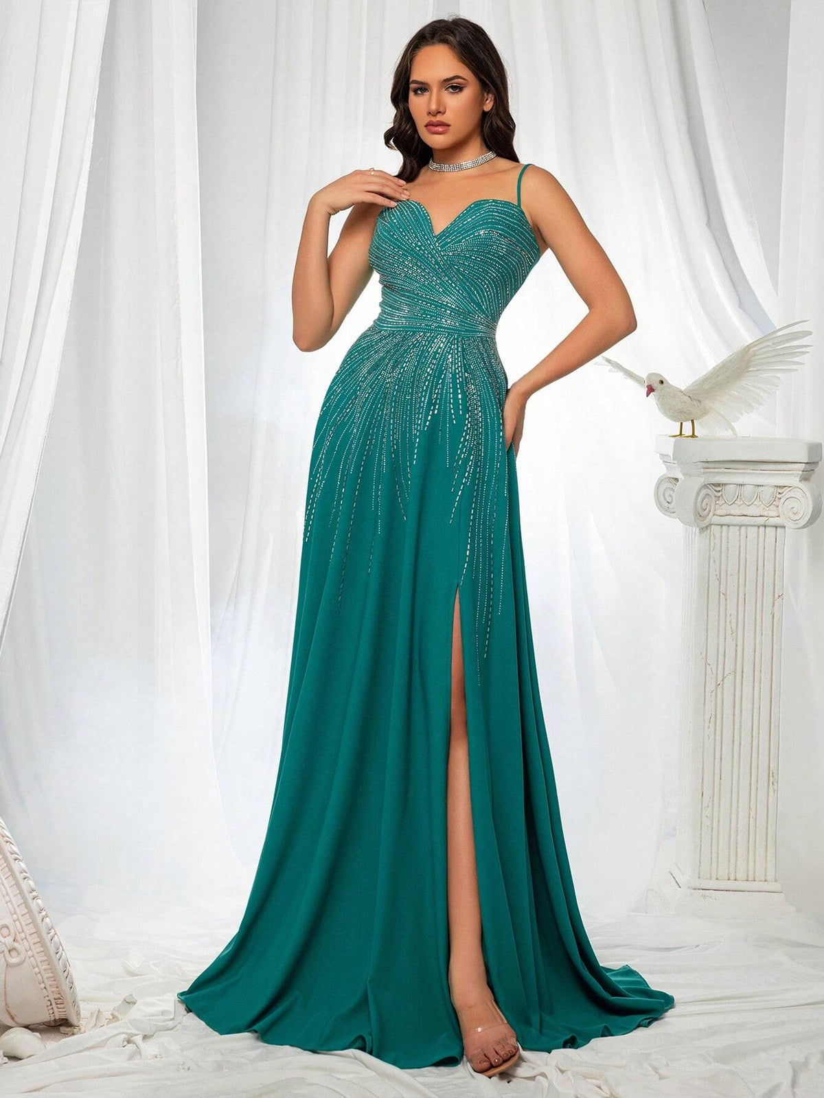 French-Style Gorgeous High-End Rhinestone Embellished High Split Spaghetti Straps Evening Dress For Rich Girls