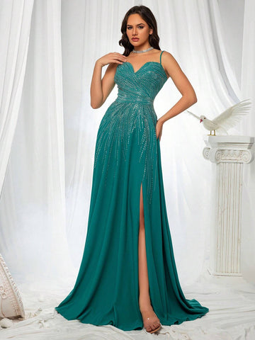 French-Style Gorgeous High-End Rhinestone Embellished High Split Spaghetti Straps Evening Dress For Rich Girls