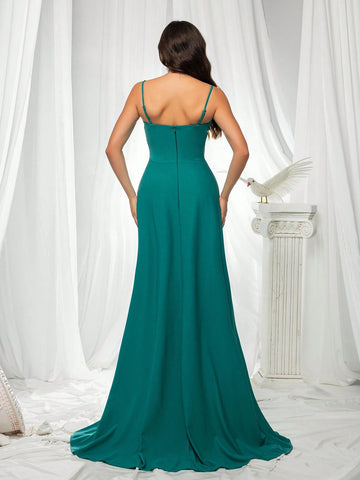 French-Style Gorgeous High-End Rhinestone Embellished High Split Spaghetti Straps Evening Dress For Rich Girls