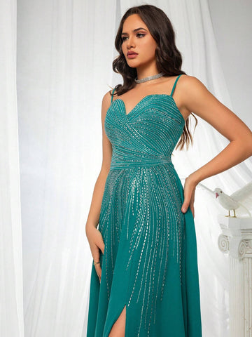 French-Style Gorgeous High-End Rhinestone Embellished High Split Spaghetti Straps Evening Dress For Rich Girls