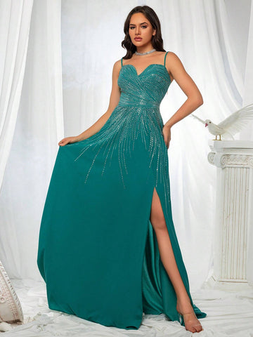 French-Style Gorgeous High-End Rhinestone Embellished High Split Spaghetti Straps Evening Dress For Rich Girls